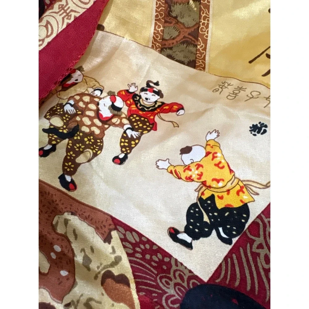 Vintage Asian-Inspired Silk Scarf With‎ Traditional Artwork & Calligraphy